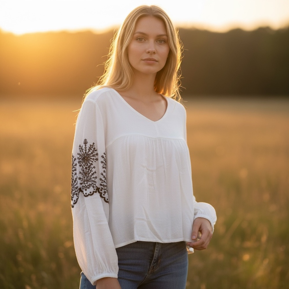 Cropped Boho V Neck Long Voluminous Sleeved Blouse with Embroidered Sleeves